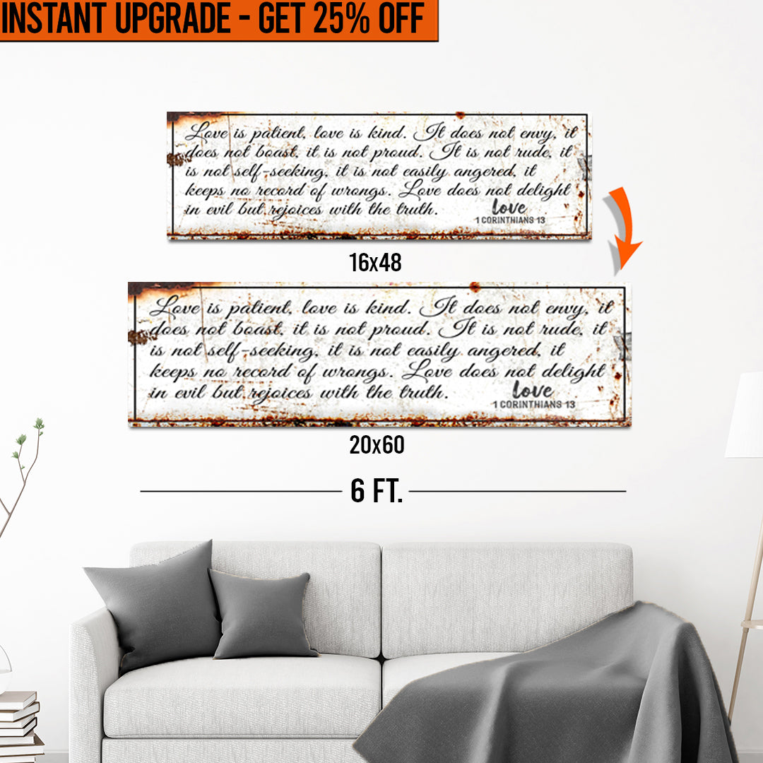 16x48 inçlik '1. Korintliler 13 - Sevgi Sabırlı Rustiktir' (Stil 1) Tuvalinizi 20x60 İnçe Yükseltin